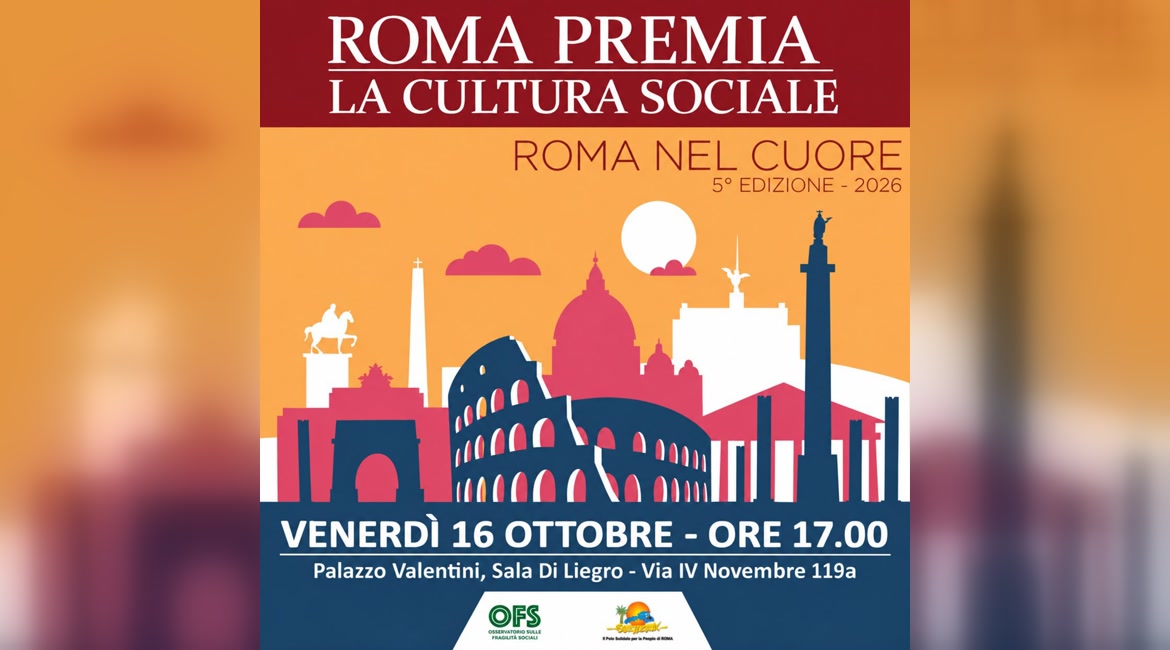 Locandina del premio «Roma premia la cultura sociale – Roma nel Cuore», 16 ottobre 2026, Palazzo Valentini